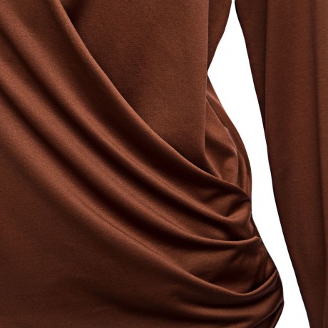 DEEP V COLLAR CROSS LONG SLEEVE COTTON BLEND PULLOVER T-SHIRT (COFFEE, SIZE S/M/L/XL)