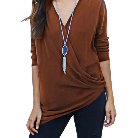 DEEP V COLLAR CROSS LONG SLEEVE COTTON BLEND PULLOVER T-SHIRT (COFFEE, SIZE S/M/L/XL)