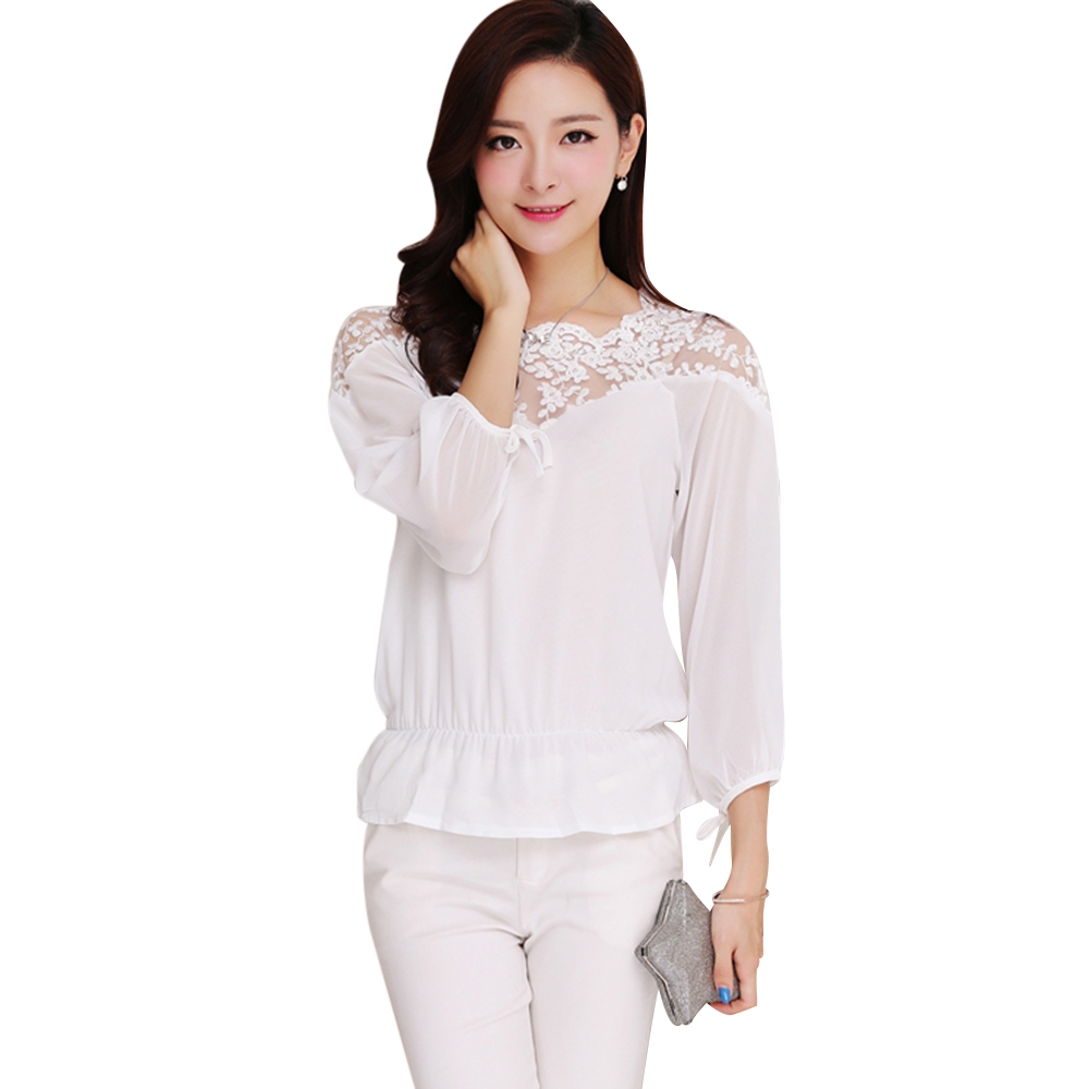 WOMEN'S LANTERN SLEEVE LACE SPLICED CHIFFON BLOUSE (WHITE, SIZE M/L/XL)