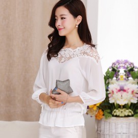 WOMEN'S LANTERN SLEEVE LACE SPLICED CHIFFON BLOUSE (WHITE, SIZE M/L/XL)