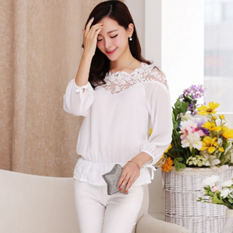 WOMEN'S LANTERN SLEEVE LACE SPLICED CHIFFON BLOUSE (WHITE, SIZE M/L/XL)