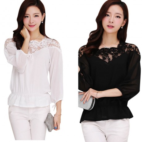 WOMEN'S LANTERN SLEEVE LACE SPLICED CHIFFON BLOUSE (WHITE, SIZE M/L/XL)