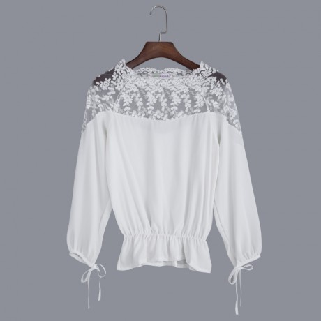 WOMEN'S LANTERN SLEEVE LACE SPLICED CHIFFON BLOUSE (WHITE, SIZE M/L/XL)