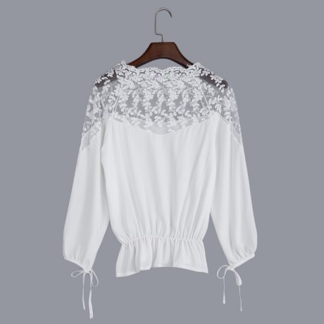 WOMEN'S LANTERN SLEEVE LACE SPLICED CHIFFON BLOUSE (WHITE, SIZE M/L/XL)