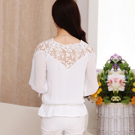 WOMEN'S LANTERN SLEEVE LACE SPLICED CHIFFON BLOUSE (WHITE, SIZE M/L/XL)
