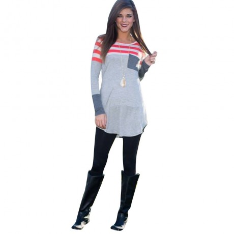 WOMEN'S CASUAL STRIPED FRONT POCKET T-SHIRT (GRAY, SIZE S/M/L/XL)