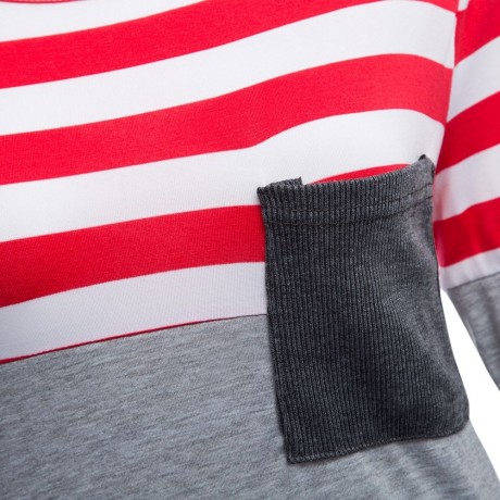 WOMEN'S CASUAL STRIPED FRONT POCKET T-SHIRT (GRAY, SIZE S/M/L/XL)