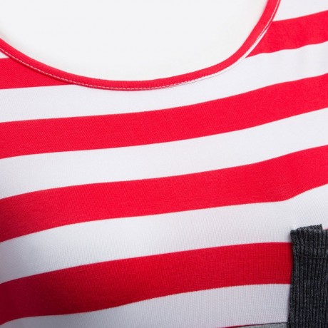 WOMEN'S CASUAL STRIPED FRONT POCKET T-SHIRT (GRAY, SIZE S/M/L/XL)