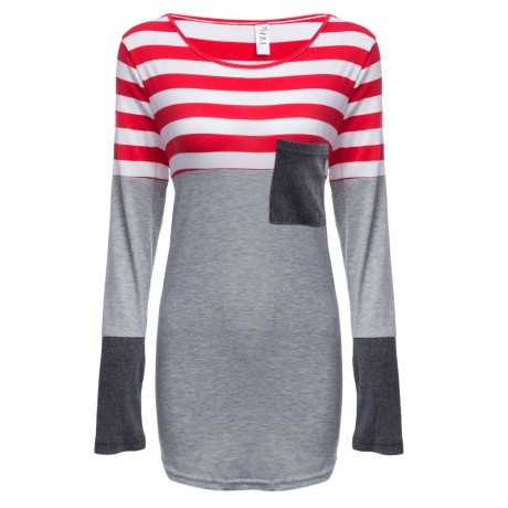 WOMEN'S CASUAL STRIPED FRONT POCKET T-SHIRT (GRAY, SIZE S/M/L/XL)
