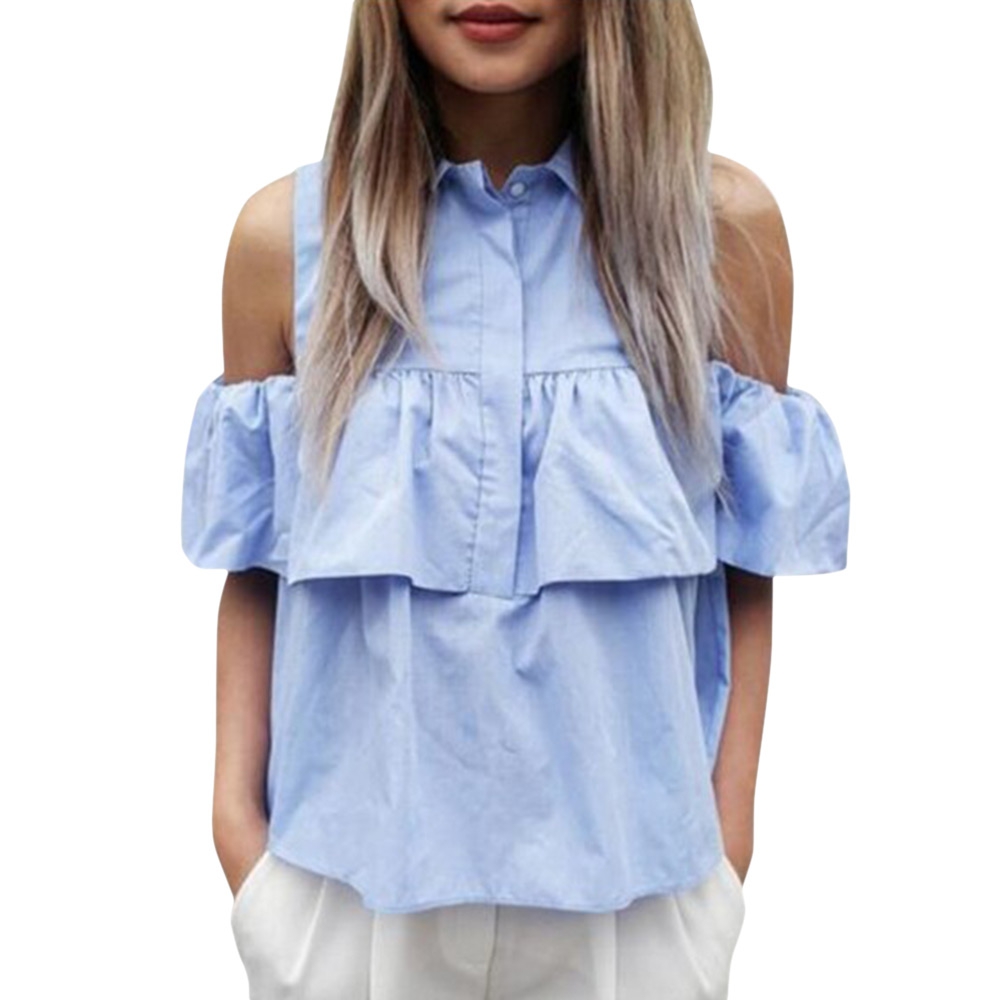 WOMEN'S HOLLOW OUT FLOUNCE SHORT SLEEVE BLOUSE (AZURE, SIZE S/M/L/XL)