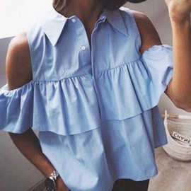 WOMEN'S HOLLOW OUT FLOUNCE SHORT SLEEVE BLOUSE (AZURE, SIZE S/M/L/XL)