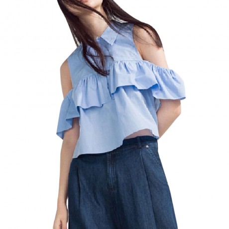 WOMEN'S HOLLOW OUT FLOUNCE SHORT SLEEVE BLOUSE (AZURE, SIZE S/M/L/XL)