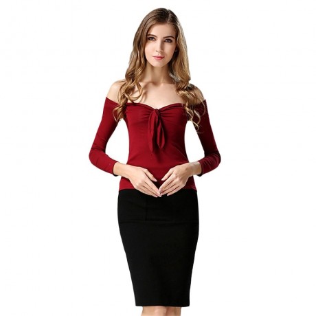 WOMEN'S OFF THE SHOULDER CHEST KNOT SLIM T-SHIRT (WINE RED, SIZE M/L)
