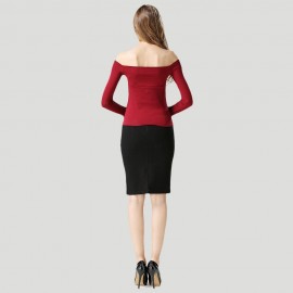 WOMEN'S OFF THE SHOULDER CHEST KNOT SLIM T-SHIRT (WINE RED, SIZE M/L)