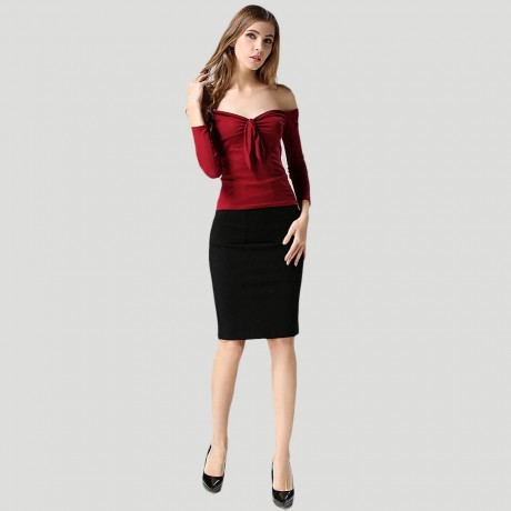WOMEN'S OFF THE SHOULDER CHEST KNOT SLIM T-SHIRT (WINE RED, SIZE M/L)