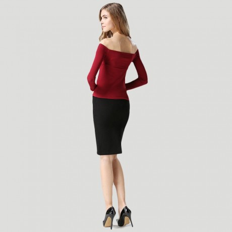WOMEN'S OFF THE SHOULDER CHEST KNOT SLIM T-SHIRT (WINE RED, SIZE M/L)