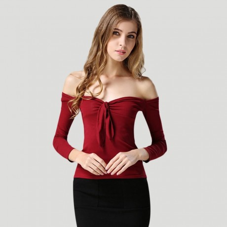 WOMEN'S OFF THE SHOULDER CHEST KNOT SLIM T-SHIRT (WINE RED, SIZE M/L)