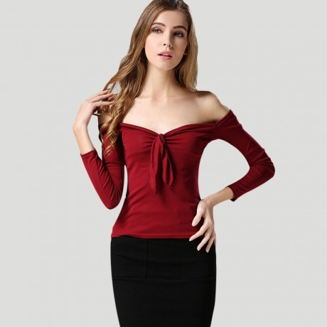 WOMEN'S OFF THE SHOULDER CHEST KNOT SLIM T-SHIRT (WINE RED, SIZE M/L)
