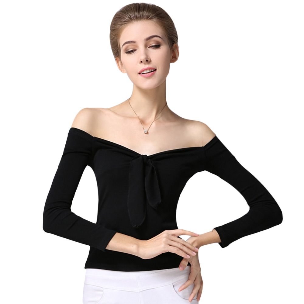WOMEN'S OFF THE SHOULDER CHEST KNOT SLIM T-SHIRT (BLACK, SIZE M/L)