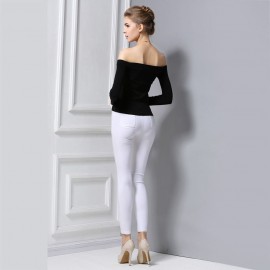 WOMEN'S OFF THE SHOULDER CHEST KNOT SLIM T-SHIRT (BLACK, SIZE M/L)