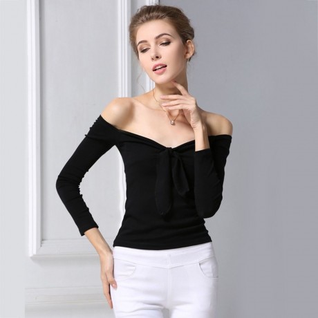 WOMEN'S OFF THE SHOULDER CHEST KNOT SLIM T-SHIRT (BLACK, SIZE M/L)