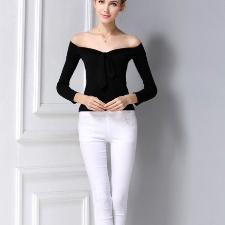 WOMEN'S OFF THE SHOULDER CHEST KNOT SLIM T-SHIRT (BLACK, SIZE M/L)