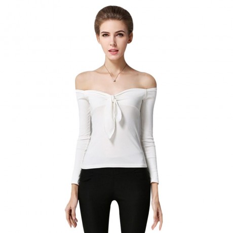 WOMEN'S OFF THE SHOULDER CHEST KNOT SLIM T-SHIRT (WHITE, SIZE M/L)