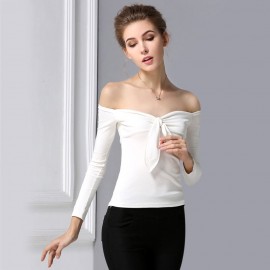 WOMEN'S OFF THE SHOULDER CHEST KNOT SLIM T-SHIRT (WHITE, SIZE M/L)
