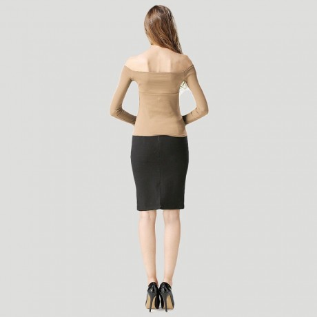 WOMEN'S OFF THE SHOULDER CHEST KNOT SLIM T-SHIRT (DARK KHAKI, SIZE M/L)