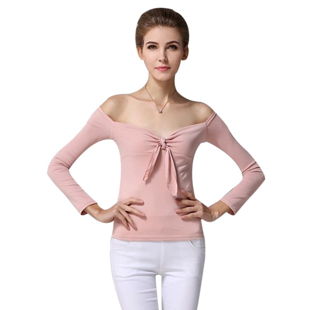 WOMEN'S OFF THE SHOULDER CHEST KNOT SLIM T-SHIRT (NUDE PINK, SIZE M/L)