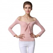 WOMEN'S OFF THE SHOULDER CHEST KNOT SLIM T-SHIRT (NUDE PINK, SIZE M/L)