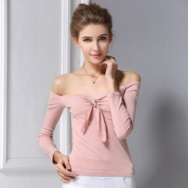 WOMEN'S OFF THE SHOULDER CHEST KNOT SLIM T-SHIRT (NUDE PINK, SIZE M/L)