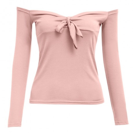 WOMEN'S OFF THE SHOULDER CHEST KNOT SLIM T-SHIRT (NUDE PINK, SIZE M/L)