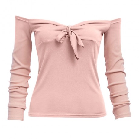 WOMEN'S OFF THE SHOULDER CHEST KNOT SLIM T-SHIRT (NUDE PINK, SIZE M/L)