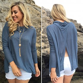 CASUAL COWL NECK BACK SLIT KNIT T-SHIRT (BLUE GRAY, SIZE S/M/L/XL)