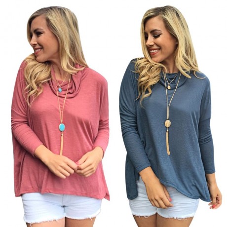 CASUAL COWL NECK BACK SLIT KNIT T-SHIRT (BLUE GRAY, SIZE S/M/L/XL)