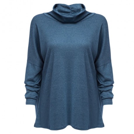 CASUAL COWL NECK BACK SLIT KNIT T-SHIRT (BLUE GRAY, SIZE S/M/L/XL)