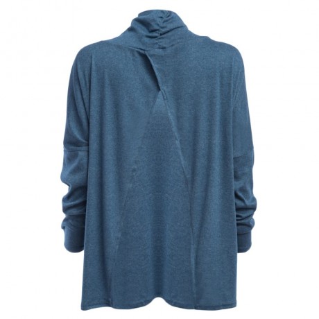 CASUAL COWL NECK BACK SLIT KNIT T-SHIRT (BLUE GRAY, SIZE S/M/L/XL)