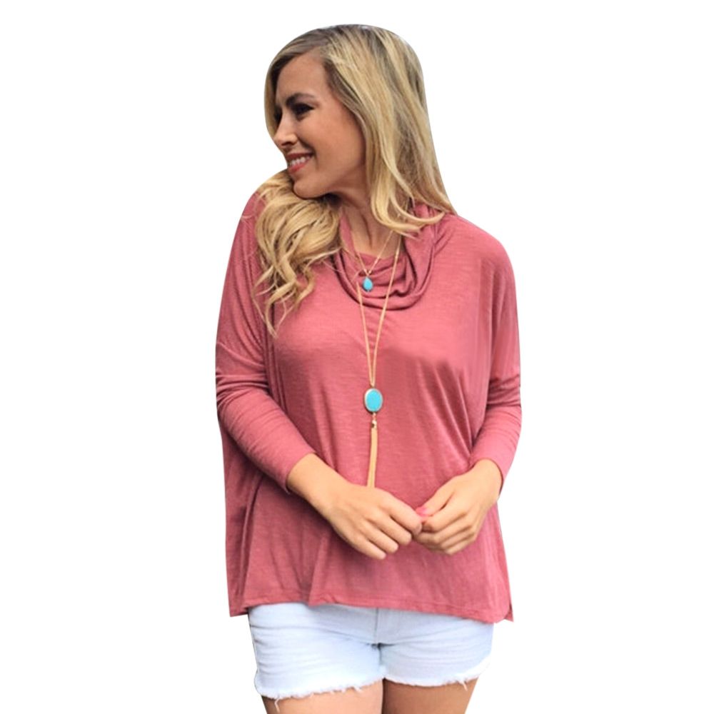 WOMEN'S COWL NECK BACK SLIT KNIT T-SHIRT (LIGHT PINK, SIZE S/M/L/XL)