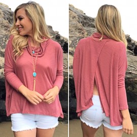 WOMEN'S COWL NECK BACK SLIT KNIT T-SHIRT (LIGHT PINK, SIZE S/M/L/XL)