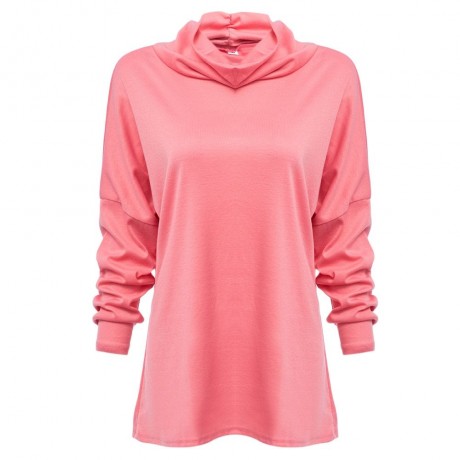 WOMEN'S COWL NECK BACK SLIT KNIT T-SHIRT (LIGHT PINK, SIZE S/M/L/XL)