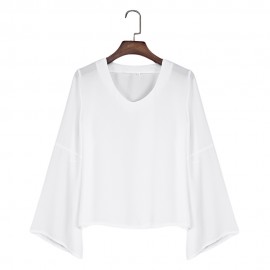 V-NECK FLARE SLEEVE SLIM CHIFFON T-SHIRT (WHITE, SIZE S/M/L/XL)