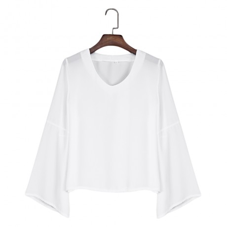 V-NECK FLARE SLEEVE SLIM CHIFFON T-SHIRT (WHITE, SIZE S/M/L/XL)