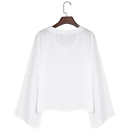 V-NECK FLARE SLEEVE SLIM CHIFFON T-SHIRT (WHITE, SIZE S/M/L/XL)