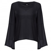 V-NECK FLARE SLEEVE SLIM CHIFFON T-SHIRT (BLACK, SIZE S/M/L/XL)