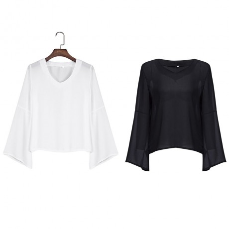 V-NECK FLARE SLEEVE SLIM CHIFFON T-SHIRT (BLACK, SIZE S/M/L/XL)