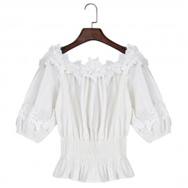 OFF THE SHOULDER LANTERN SLEEVE LACEWORK RUFFLE SHIRT (WHITE, SIZE S/M/L/XL)