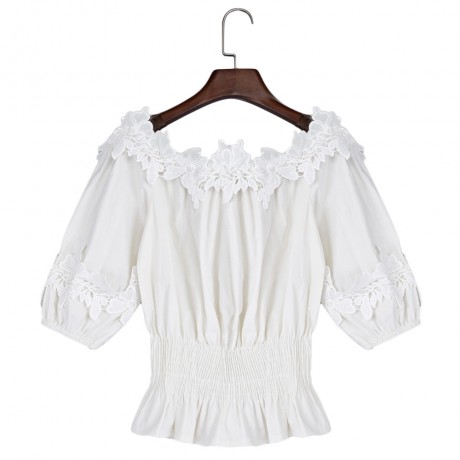 OFF THE SHOULDER LANTERN SLEEVE LACEWORK RUFFLE SHIRT (WHITE, SIZE S/M/L/XL)