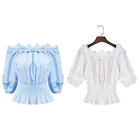 OFF THE SHOULDER LANTERN SLEEVE LACEWORK RUFFLE SHIRT (WHITE, SIZE S/M/L/XL)