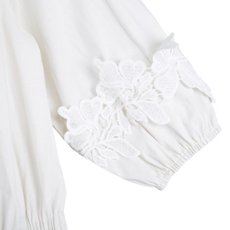 OFF THE SHOULDER LANTERN SLEEVE LACEWORK RUFFLE SHIRT (WHITE, SIZE S/M/L/XL)